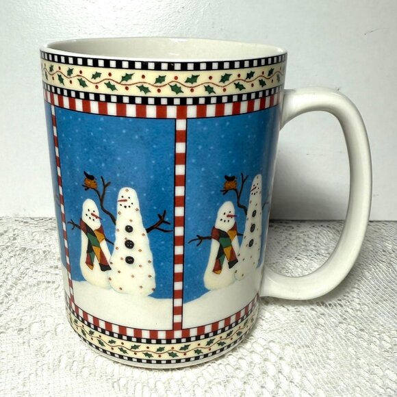 SAKURA Snowman Christmas Mugs – Whimsical Winter Design, Holly & Check Trim - Picture 3 of 4